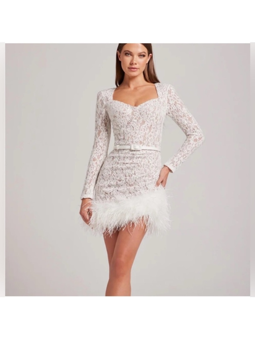Nadine MERABI Carly Lace Feather-Hem Long Sleeve Mini Dress Large *Runs small*